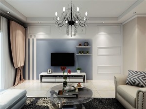 客厅作为待客区域，空间布局合理，影视墙也是根据业主的喜好，比较现代简约的石膏板和灯带加乳胶漆蓝色做