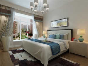 主卧室采用蓝、黄、米等色彩元素搭配的床整体体现温馨的感觉，柔和的色调，不会显得混乱。