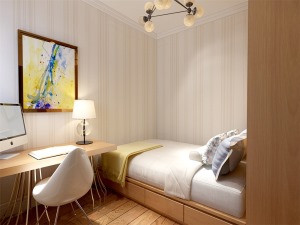 主卧室整体以白色、浅绿色条纹壁纸为主，搭配黄色的灯光以及现代软装的画幅等整体温馨的感觉，柔和的色调和