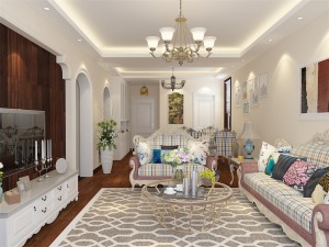客厅；以原木色地板作为地面材料和电视背景墙，乳白色的墙面，美式造型的条纹沙发组合以及现代铁艺的茶几