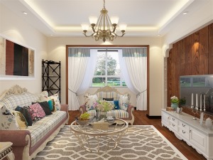  客厅；以原木色地板作为地面材料和电视背景墙，乳白色的墙面，美式造型的条纹沙发组合以及现代铁艺的茶几
