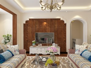  客厅；以原木色地板作为地面材料和电视背景墙，乳白色的墙面，美式造型的条纹沙发组合以及现代铁艺的茶几