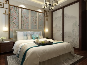 主卧室采用的是中式风格的设计，通过墙面造型与床头背景造型是整个空间更加具有层次感，通过色彩的搭配使得