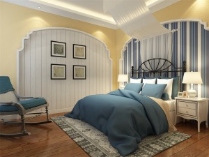次卧室采用的是地中海风格的设计，整体设计更加趋于年轻化，整体的色彩更加清新活泼，墙面的造型设计使得整
