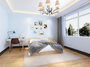 卧室的设计很舒适，吊顶的设计为回字型吊顶， 家具的选择较为简单，卧室的设计比较简单，家具的选择为白色