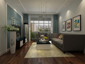 客厅作为待客区域，要明快光鲜，用蓝色壁纸石膏线石膏板电视墙实用美观，使整体上有一种宽敞而富有现代时尚