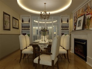 餐厅的整体搭配与客厅想搭白色的酒柜与壁炉相呼应，彩色的挂画与壁炉画给整个空间填了几分活力，