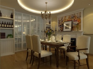 餐厅的整体搭配与客厅想搭白色的酒柜与壁炉相呼应，彩色的挂画与壁炉画给整个空间填了几分活力，