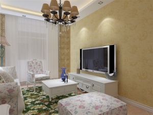 客厅采用简单的回字形吊顶，镶以筒灯，营造出简洁且高雅的氛围；采用粉色碎花的欧式家具，沙发背景墙整体采