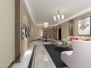  客厅作为待客区域，要明快光鲜，用比较亮的地砖，使整体上有一种宽敞而富有时尚气息。墙面顶面采用上下两