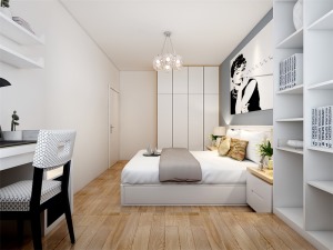 主卧室通铺实木复合地板，家具以白色烤漆为主，床头背景墙为蓝灰色，次卧室采用原木色的深色家具，床头背景