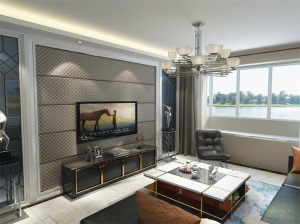 客廳以淺色系為主，客廳影視墻選用鏡面玻璃與硬包為主要構成材料