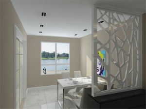 客廳以淺色系為主，客廳影視墻選用鏡面玻璃與硬包為主要構成材料