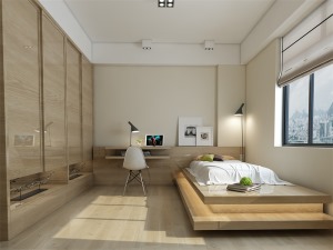 次卧的设计较为温暖活跃，工业感的台灯和台阶式的床让人看一眼就喜欢上了。