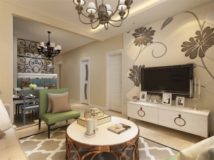 客厅空间讲究精巧丰富，大麦色墙面让整个空间更加丰富多彩，客厅地面通铺奶色抛釉砖。沙发和电视上吊顶为双