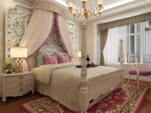 卧室的设计采用的色大面积的浅色搭配粉色与与蓝色点缀，粉色的床品与粉色的地毯相互呼应在整个空间中形成