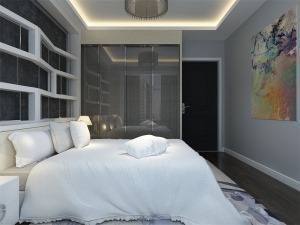 灰色的床头背景墙搭配白色的背景造型让整个空间看起来更具设计感。
