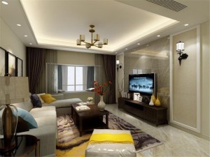 客厅深色电视柜和大理石电视背景墙， 深色色茶几和沙发黑带搭配很和谐