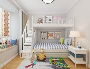 次卧室是儿童房，床是上下铺，旁边有床头柜，颜色搭配丰富。