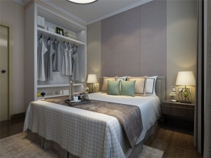 主卧室采用木色、白、黄、米等色彩元素搭配的床整体体现温馨且安静的感觉，柔和的色调