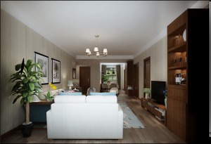 客厅的设计，家具选用高级灰为主调，造型简单大方，外观和用料仍保持环保的理念