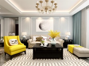 沙发是3+1+1的组合，米色加黄色的组合，茶几、边几等家具都是深木色。洋房是休闲椅
