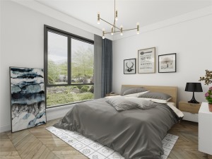 卧室原木色家具，软装多用灰色搭配。
