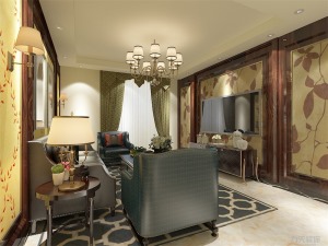 复古造型的组合沙发以及茶几都具有上乘质感，让美式古典风进一步彰显。