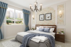 卧室的床板和床头柜适合客餐厅家具配套的，背景墙与美式风格中的背景墙类似