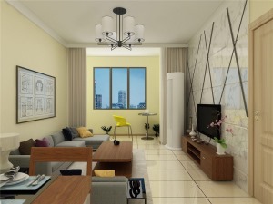 沙发与餐厅背景墙搭配现代挂画，家具色彩丰富