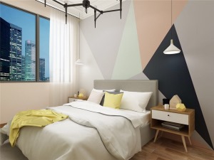 主卧床头一组简单的挂饰，主卧床头边的吊灯，地板采用原色木纹地板，更能凸显本案的风格