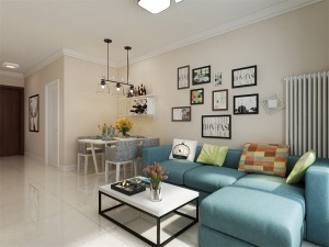 客厅设计为蓝色布艺L型沙发，四人餐桌，白色家具简约挂画相配，时尚简约的吸顶灯