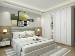 主卧室地面通铺实木地板，同时作为主卧室大大的体现了现代元素的风格