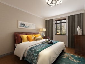 卧室深色中式家具，软装多用暖色搭配。