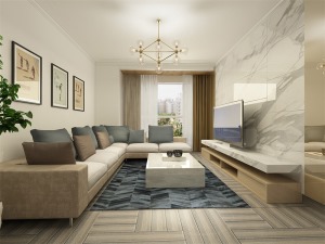 客厅的设计比较简单，沙发背景墙放了3幅装饰画，使空间更为大气。