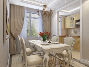 餐厅家具以简约和欧式家具为主同时搭配浅色和亮色的软包装饰，使整个空间既明亮又不失温馨。