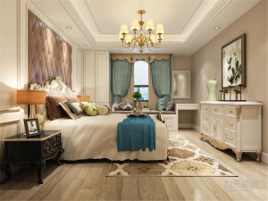 卧室的设计舒适大气，家具的颜色选择大部分为深木色，