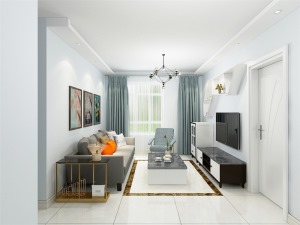 客厅作为待客区域，要明快光鲜，用白色格板电视墙实用美观，使整体上有一种宽敞而富有现代 时尚气息。墙面