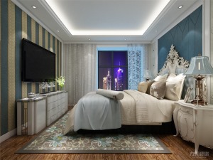 卧室的床头做了软包的造型，电视背景贴了墙纸，和整体氛围相符合