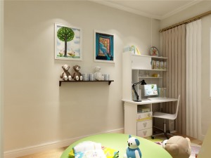 儿童房背景墙用挂画和壁柜做表现，墙用暖色搭配