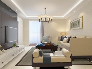 客厅选用中式风格家具，洁净大方，中式元素浓郁，做一个电视背景墙，使整个客厅更舒服