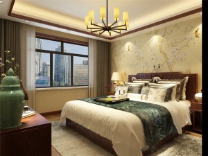 臥室床頭墻面是黃色花鳥花紋的壁紙，其他墻面是和客餐廳一樣的米黃色壁紙。