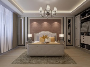 卧室地面地板的木色偏浅，双人床也选了米白色，显得很干净，背景墙最主要的选了豆沙色壁纸，与整体颜色搭配