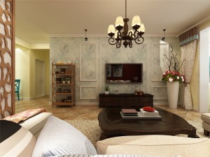 客厅的实木桌，朴素花纹的地毯，瞬间给人一种尊贵之感。整体的采用角线和石膏板，电视背景墙面简单壁纸做造