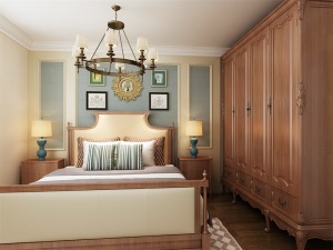 卧室里面，衣柜、床头和床头柜等，都是用了统一的木色，其他的配色主要是米色和蓝色，与客厅的颜色相互搭配