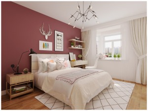 卧室地面采用复合地板，床头部分的墙面是豆沙色，体亮了整体房间的色调，写字台和床头柜都是原木色，显得清