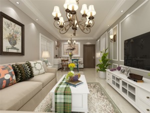 沙发背景采用美式风格挂画，电视墙粉刷灰绿色乳胶漆，以传统美式风格石膏线圈线