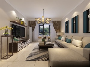 客厅铺800*800米地砖，沙发背景墙以蓝色中式壁挂作为装饰，为整个空间起到点睛之笔