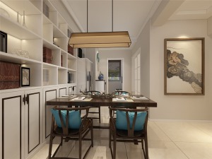 餐厅区域与客厅区域紧密相连硬朗简洁的直线条，空间具有层次感。