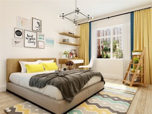 次卧室用黄色点缀，枕头和窗帘都有黄色，让卧室整体亮起来，还放了一个花架
